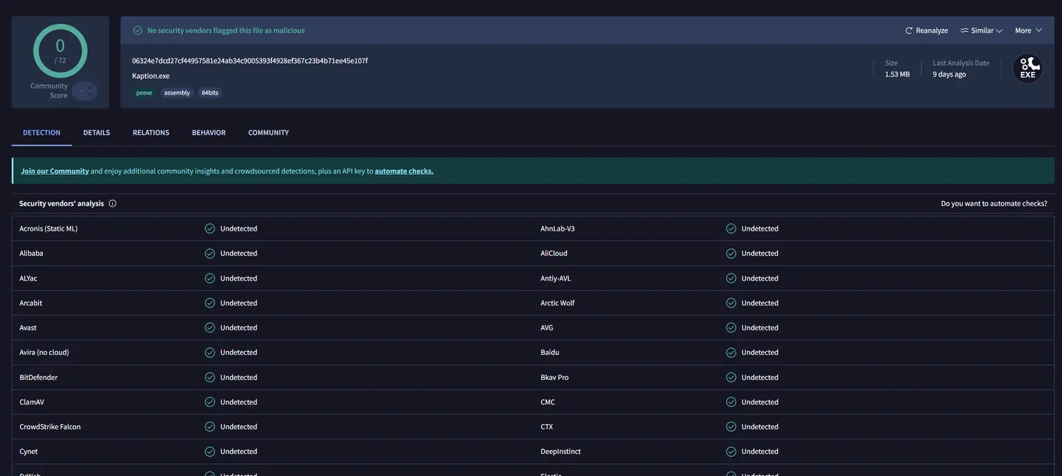 VirusTotal report for Kaption.exe showing 0 of 72 vendors flagged the file as malicious.